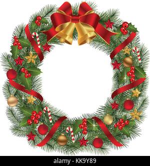 Weihnachten Kranz mit Tannenzweigen und dekorative Elemente. Stock Vektor