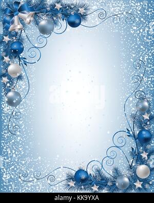 Weihnachten Hintergrund mit fir Zweig Grenze mit Bändern und Weihnachtsschmuck. Stock Vektor