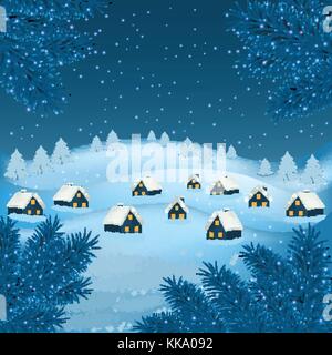 Neues Jahr und Weihnachten grüße Design. Winterurlaub Landschaft. Hintergrund mit Schneeflocken Weihnachtsbaum und Häuser. Stock Vektor