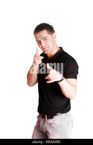 Junger Mann macht lustige Geste Auf Weiß isoliert Stockfoto