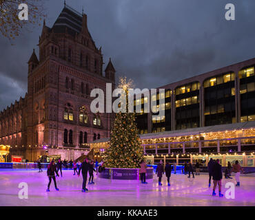 Natural History Museum, London, Großbritannien. 28. November 2017. Schlittschuhläufer wagen sich an einem kalten Abend, um im Natural History Museum in South Kensington unter den Lichtern festliche Schlittschuhlaufen zu genießen. Quelle: Malcolm Park/Alamy Live News. Stockfoto