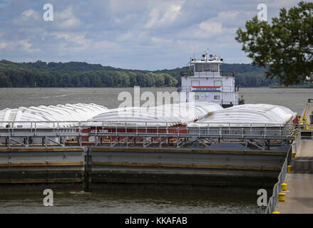 Illinois City, Iowa, USA. August 2017. Ein Lastkahn und Schlepptau wird gesehen, die Inszenierung durch Lock and Dam 16 in Illinois City, Illinois, am Donnerstag, 17. August 2017. Kredit: Andy Abeyta, Quad-City Times/Quad-City Times/ZUMA Wire/Alamy Live News Stockfoto