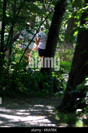 Muscatine, Iowa, USA. August 2017. Ein Paar genießt einen Teil des Wildcat Den State Park 4.2 Meile Trail System. Die Wege führen durch eine Vielzahl von Gelände und führen zu einer Vielzahl von Orten wie 'Steamboat Rock', 'Devil's Punch Bowl' und '' Fat man's Squeeze''. Die Klippen und Felsbrocken bieten spektakuläre Aussichten für Wanderer. Quelle: Kevin E. Schmidt/Quad-City Times/ZUMA Wire/Alamy Live News Stockfoto