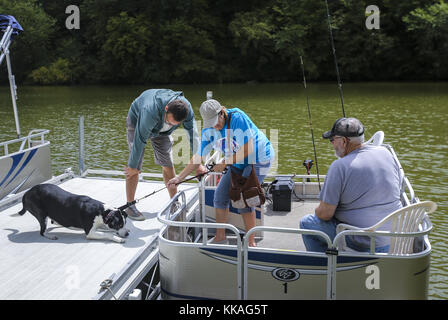 Illinois City, Iowa, USA. August 2017. Bootvermietungsdienst Dan Oelker versucht Virginia Duncan von Reynolds zu helfen, während sie mit ihrem vierjährigen Hund Shadow auf seiner ersten Bootstour auf dem Lake George in Illinois City, Illinois, am Donnerstag, 17. August 2017 kämpft. Kredit: Andy Abeyta, Quad-City Times/Quad-City Times/ZUMA Wire/Alamy Live News Stockfoto