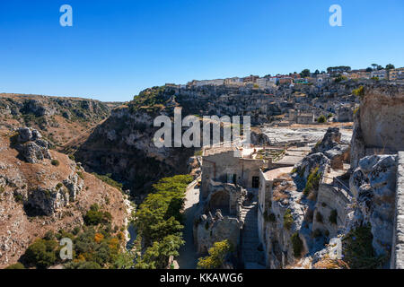 Der Sasso Caveoso von der Monte Errone, Matera, Basilicata, Italien Stockfoto