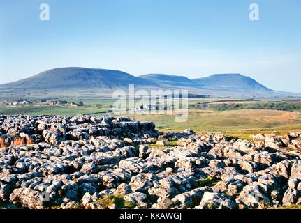 Yorkshire Dales National Park, England. Über Karstkalkpflaster bei Ribblehead in Richtung Kalksteinmassiv von Ingleborough Stockfoto