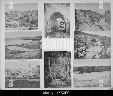 Eine Sammlung von Fotografien, die meist aus Israel sind, beginnend von links oben im Uhrzeigersinn sind Sie - Bethanien, das Haus von St. Veronica, Rock der Apostel und der Ort der Verrat durch Judas, Brunnen von Elisa, Jordan, Grabeskirche, Grab von David und dem Toten Meer, 1900. Von der New York Public Library. Stockfoto
