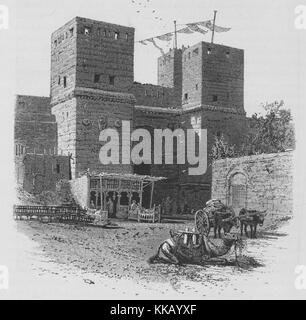 Holzstich zeigt eine große Mauer aus Stein, mit einem Eingang, ein Kamel und einem Warenkorb von Ochsen gezogen, in den Vordergrund, mit dem Titel "Das Tor des Sieges (Bab-en-Nasr) Die östlichste der nördlichen Tore von Kairo, es wurde in der Regierungszeit des Fatimy El-Mustansir khalif, AH 480 (AD1087), aus dem Buch "Malerischen Palästina, Sinai, Ägypten", die von Sir Charles William Wilson, 1882. Von der New York Public Library. Stockfoto