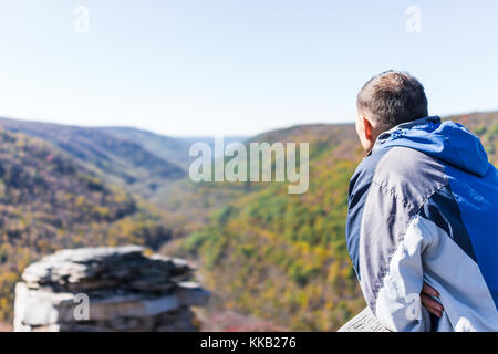 Der junge Mann in der blauen Jacke in Canaan Valley Berge im Blackwater Falls State Park in West Virginia während der Bunte Herbst Herbst Jahreszeit Stockfoto