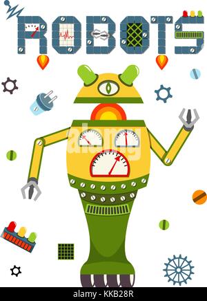 Bright colorful poster with vintage robot and tech. Stock Vektor