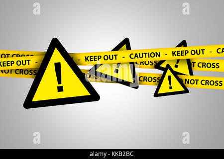 Illustrative Dreieck gelb Warnung Hinweistafeln mit gelben Vorsicht und halten Sie Polizei Bänder auf grauem Hintergrund. Stockfoto