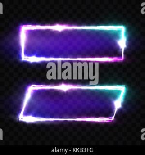 Night Club Neon Zeichen gesetzt. Leere 3d Retro hellen Hintergrund mit glänzenden Neon-effekt. Techno Rahmen mit Leuchten auf transparentem Hintergrund. Elektrische Straße Banner. Bunte Vektor Illustration im 80er Jahre Stil. Stock Vektor