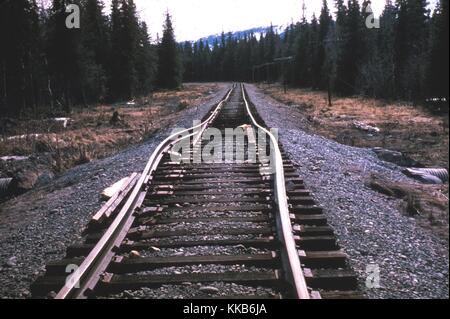 Zugschienen, die aufgrund der Auswirkungen des Alaska-Erdbebens von 9,2 1964 geknickt wurden. Bild mit freundlicher Genehmigung von USGS. März 1964. Stockfoto