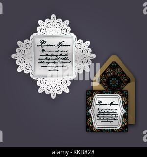 Hochzeit Einladung oder Grußkarte mit Vintage floralen Ornament. Papier spitze Umschlag Vorlage, Mock-up für Laserschneiden. Vector Illustration. Stock Vektor