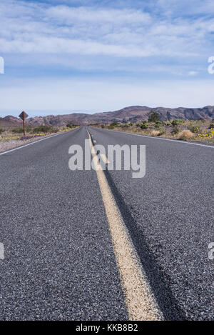 Einsame Straße in die Wüste mit Bergen im Hintergrund Stockfoto