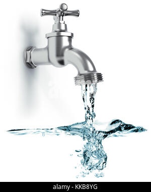 Wasserhahn mit fließendem Wasser und Wellen auf weißem Hintergrund 3D Rendering isoliert Stockfoto