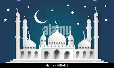 3d-Moschee und Halbmond mit Sternen-islamischen Hintergrund-Paper Craft stil-Vektor. Stock Vektor