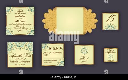 Jahrgang einladung hochzeit Design gehören Einladungskarte, Datum speichern, rsvp Karte, danke Karte, Tabellen, Karten, Papier spitze Briefumschlag Stock Vektor