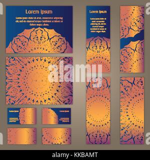 Vorlagen mit Visitenkarten, Einladungen und Banner gesetzt. florale Muster und Ornamente Mandala. orientalisches Design Layout. Die asiatischen, arabischen, indischen, ottom Stock Vektor