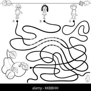 Schwarze und weiße Cartoon Illustration der Bahnen oder Labyrinth puzzle Aktivität Spiel mit Kindern Zeichen und frische Früchte Malbuch Stock Vektor