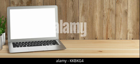 Computer, pc am Schreibtisch aus Holz, 3D-Rendering illustration Stockfoto