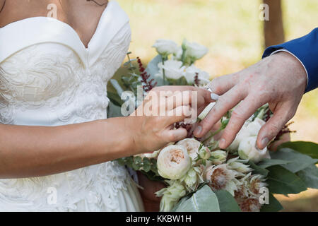 Der Bräutigam den Ring in die Hand der Braut. Foto closeup Stockfoto