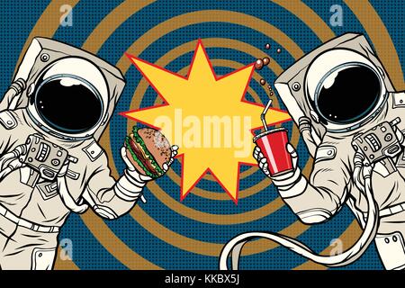 Zwei Astronauten essen fast food. pop art retro Vektor illustration Stock Vektor