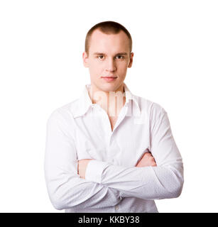 Junger Mann starrt dich isoliert auf weiss Stockfoto