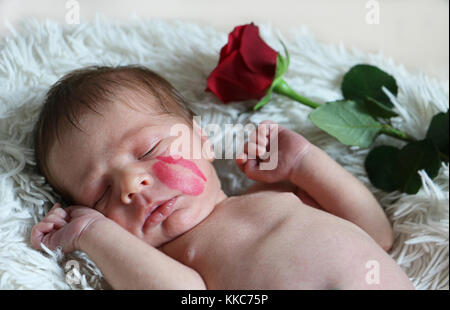 Portrait von süß schlafen neugeborene Baby mit kiss Markierung auf das Gesicht und die rote Rose auf Hintergrund. Stockfoto