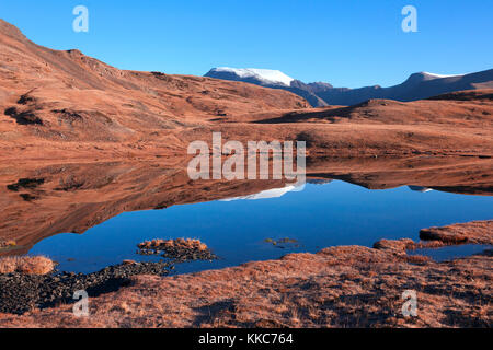 Klarer Himmel am Bergsee und rote Erde Stockfoto