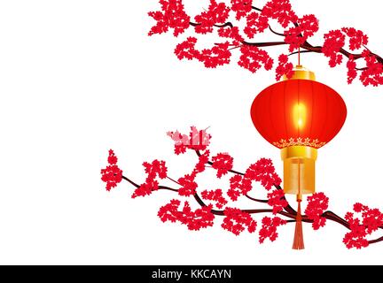 Chinesisches neues Jahr. zwei Zweigen einer blühende rote Kirsche. hängende rote chinesische Laterne. runde Form. Abbildung Stock Vektor