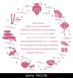 Japanische Frau Gesicht und Laterne, Schüssel, Stäbchen, Sushi und andere Symbole der östlichen Kultur. Design für Banner, Poster oder Drucken. Stock Vektor