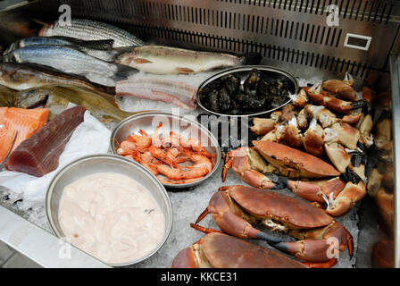 Auswahl der Fische und Krebstiere zum Verkauf auf einen Abschaltdruck am Bauernmarkt Aberystwyth, Wales, UK. Stockfoto