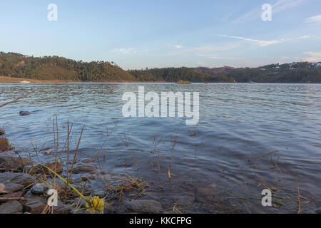 Blick auf den See mit Sonnenuntergang Algen und Steine. Serra de Tomar. Portugal Stockfoto