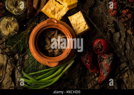 Vegetarisches Gericht, das in einem Tontopf mit gebratenem Gemüse auf dem Grill auf einem Hintergrund von Baumrinde Stockfoto