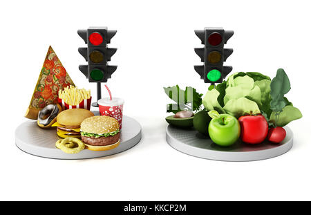 Grünes Licht für gesunde Ernährung und rotes Licht für Junk Food. 3D-Darstellung. Stockfoto