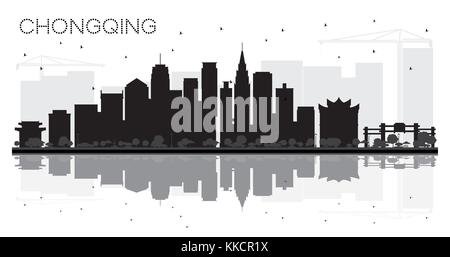 Chongqing China City Skyline schwarze und weiße Silhouette mit Reflexionen. Vector Illustration. Business Travel Concept. Stadtbild mit Sehenswürdigkeiten. Stock Vektor