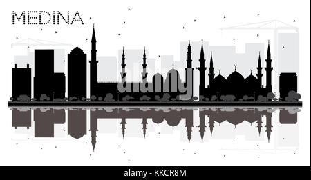 Medina Saudi-Arabien Skyline der Stadt schwarze und weiße Silhouette mit Reflexionen. Vector Illustration. Business Travel Concept. Stadtbild mit Sehenswürdigkeiten. Stock Vektor