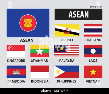 Flagge der Asean (Verband Südostasiatischer Nationen) und Mitgliedschaft. Stock Vektor