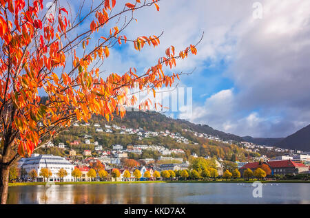 Kleine Lille Lungegardsvannet See, auch als Smalungeren, im Herbst, Bergen, Norwegen Stockfoto