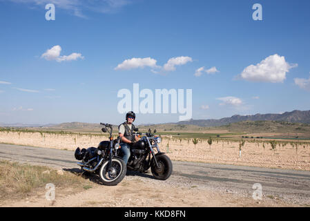 Mann sitzt auf einem Harley Davidson Motorrad am Straßenrand Stockfoto