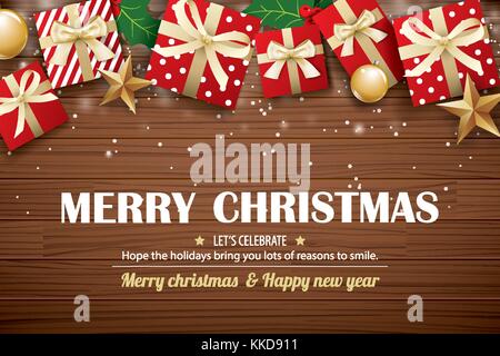 Frohe Weihnachten poster Hintergrund design Vorlage. Typografie und Geschenkbox auf braunem Holz. Stock Vektor