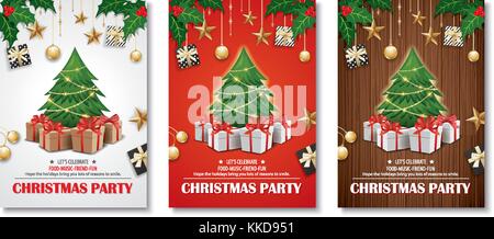 Einladung merry Christmas Party Poster Banner und Card Design vorlage. schöne Ferien und das neue Jahr Baum und geschenkboxen Thema Konzept. Stock Vektor