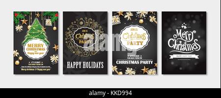 Frohe Weihnachten Grußkarten und Einladungen auf schwarzem Hintergrund. Vector Illustration Element für ein glückliches neues Jahr. Stock Vektor