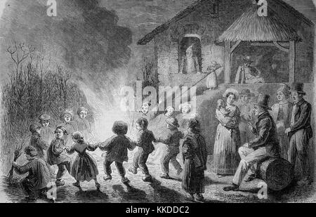 Kinder tanzen um ein Lagerfeuer, Kinder s-Party in der Provence, Frankreich, Bilder aus der Zeit von 1855, Digital verbesserte Reproduktion eines original Holzschnitt Stockfoto