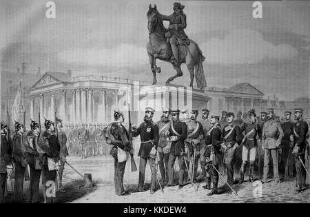 Um die Zeremonie auf dem Schlossplatz in Versailles von der Kronprinz von Preußen am 27.September, Frankreich, deutsch-französischen Krieg 1870/71, Krieg oder der deutsch-französische Krieg, Krieg von 1870, ein Konflikt zwischen dem Zweiten Kaiserreich Napoleons III. und der deutschen Staaten des Norddeutschen Bundes durch das Königreich Preußen führte, Digital verbesserte Reproduktion eines original Holzschnitt Stockfoto