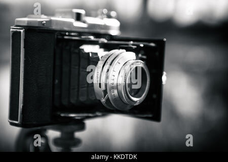 Eine etwa 1949 cm große, faltbare Karoron 120-Filmkamera. Stockfoto