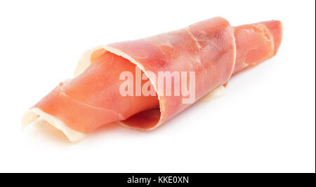 Rolle von Trocken-cured spanischer Jamon auf weißem Hintergrund Stockfoto
