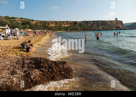 Meer und Sandstrand mit Touristen/sonnenhungrige Menschen selbst genießen, schwimmen und sonnenbaden, im Golden Bay Beach, in der Nähe von Mellieha. Malta. (91) Stockfoto