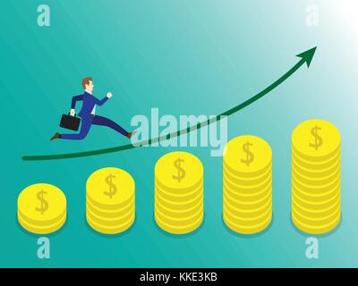 Geschäftskonzept als Unternehmer auf Wachstum Münzen graph ist. Er genießt das neue Wachstum von Einkommen und Ertrag mit voller Motivation. Stock Vektor